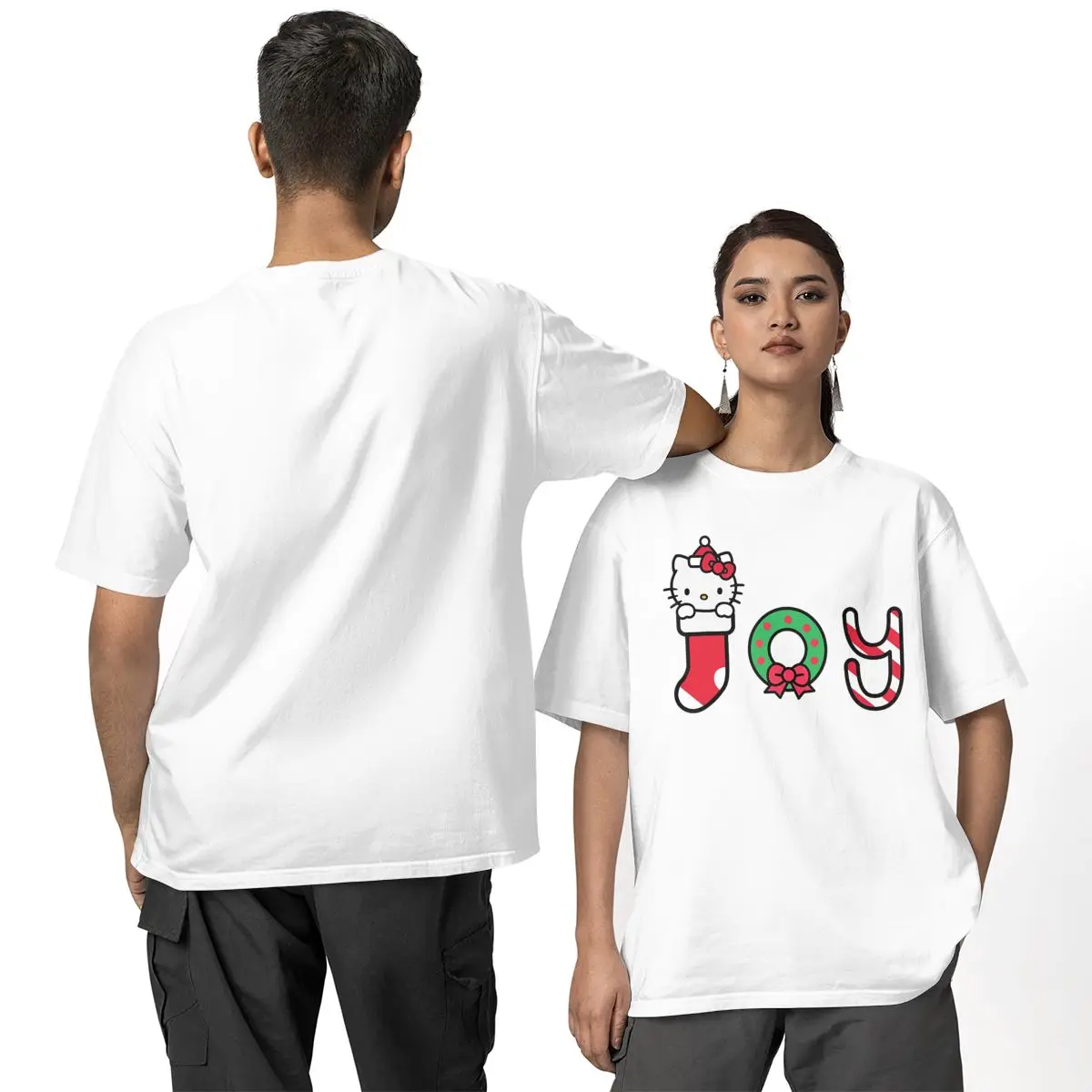 Hello Kitty Christmas Joy T Shirts for Men Pure Cotton Hipster T-Shirts Round Neck Tees Short Sleeve Clothes Plus Size