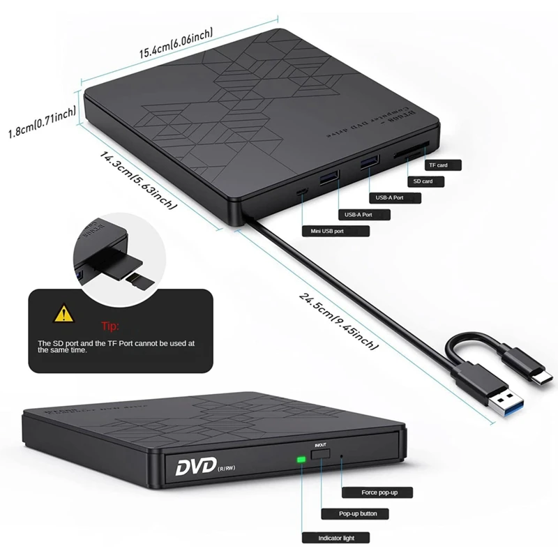 External CD/DVD Drive USB3.0/Type-C CD/DVD ROM +/-RW Adapter For Laptop PC Desktop Computer Black