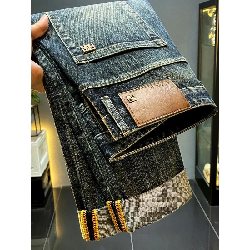 

New Retro Washed Denim Jeans For Men With Slim Fit And Small Feet High-End Trendy Brand Casual Long Pants