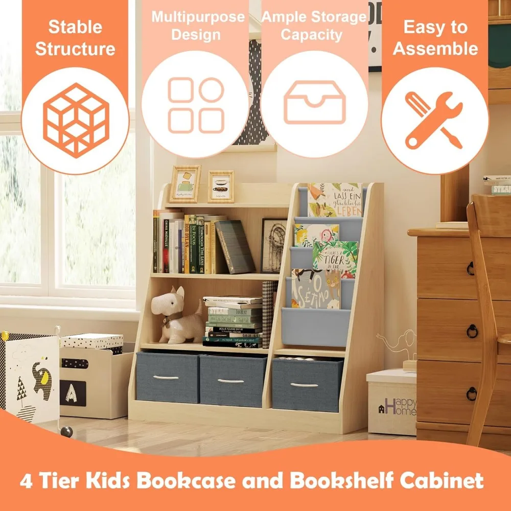 Toddler Bookshelf with Storage Bins, Wooden Nursery Display Shelf, Child Bookcase Organizer for Toys