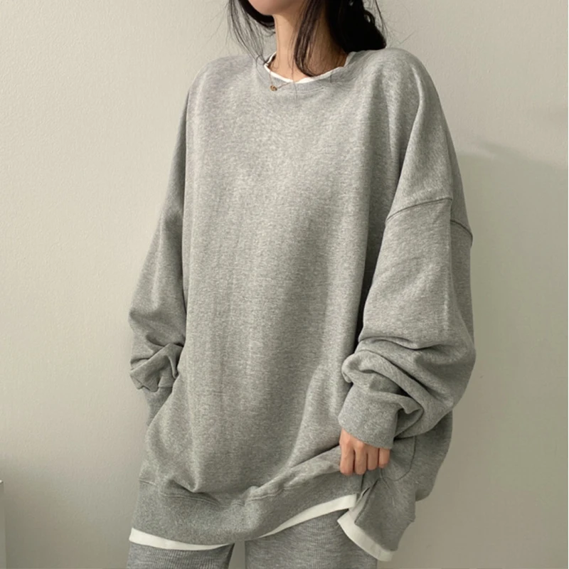 

Autumn Winter Women's Cotton Fake Two Piece Pullover Sweatshirt Korean Fashion Loose Long Sleeve Hooded