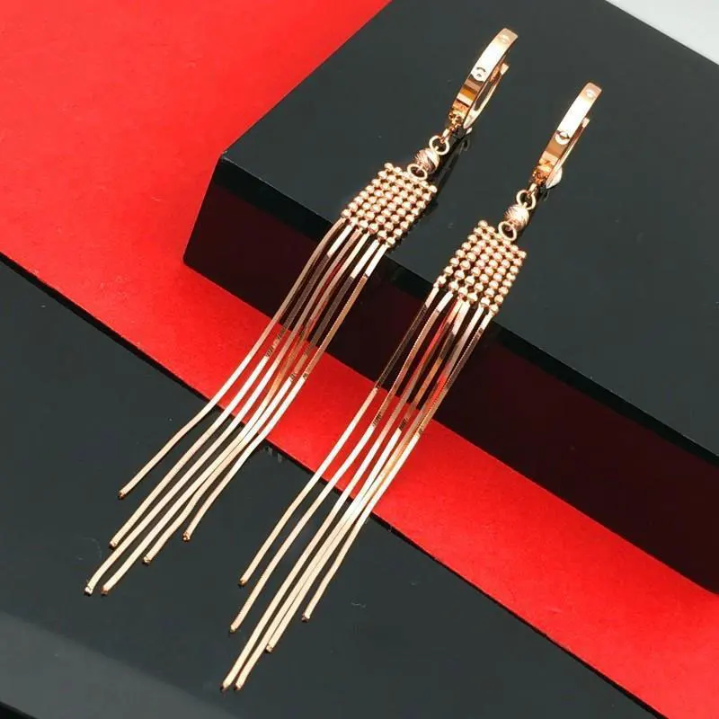 585 Purple Gold Plated 14k Rose Gold Soft Chain Fringe Bead Drop Earrings For Women Classic Wedding Jewelry For Girlfriend