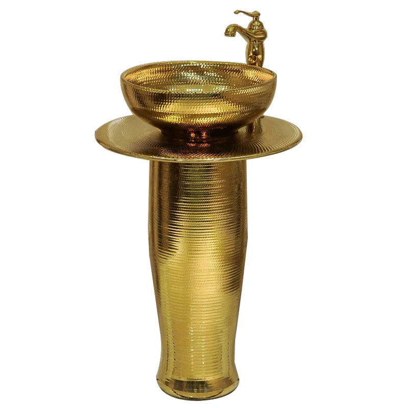 

European-Style Golden Column Type Washbasin Gold Plated Pedestal Basin Hotel Household Bathroom Integrated Floor Type Wash Basin