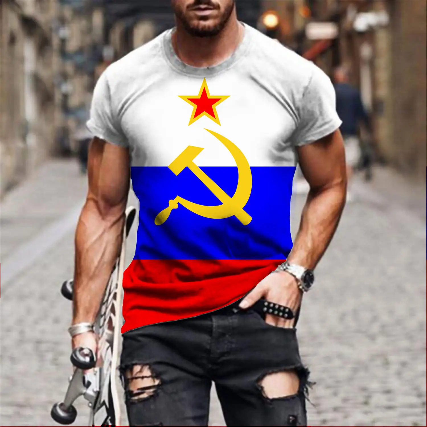 New Mens T-Shirt Summer CCCP Russian Flag T Shirts USSR Soviet Union Man Short Sleeve Tshirt Moscow Mens Tees O Neck Tops