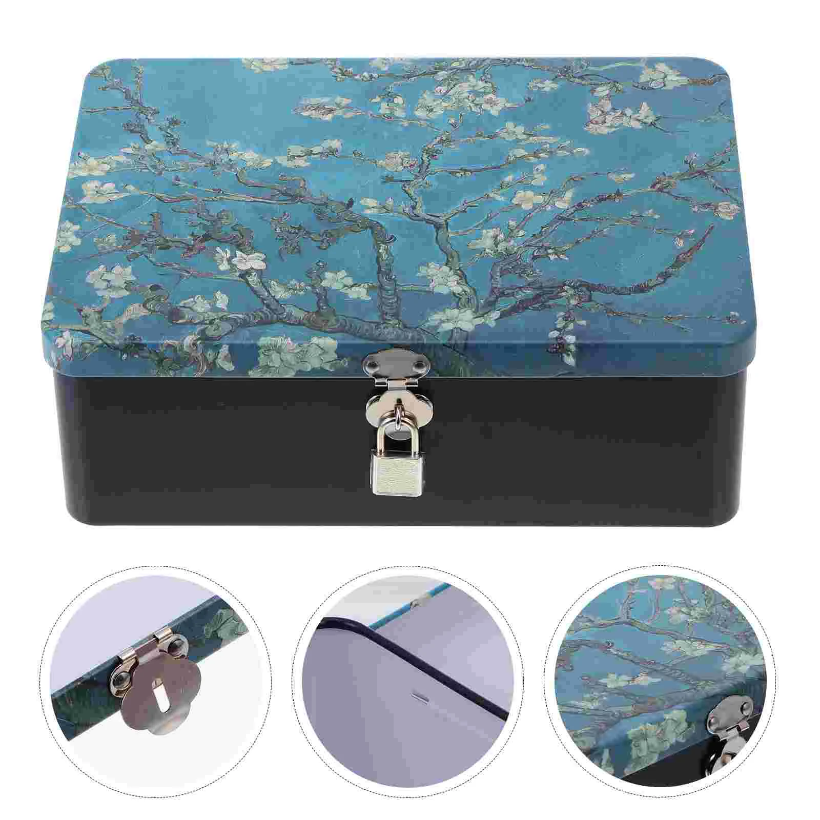 

Large Rectangular Tinplate Gift Storage Box Vintage Pattern Lock Jewelry Container Retro Style Big Apricot Flower Design Anti