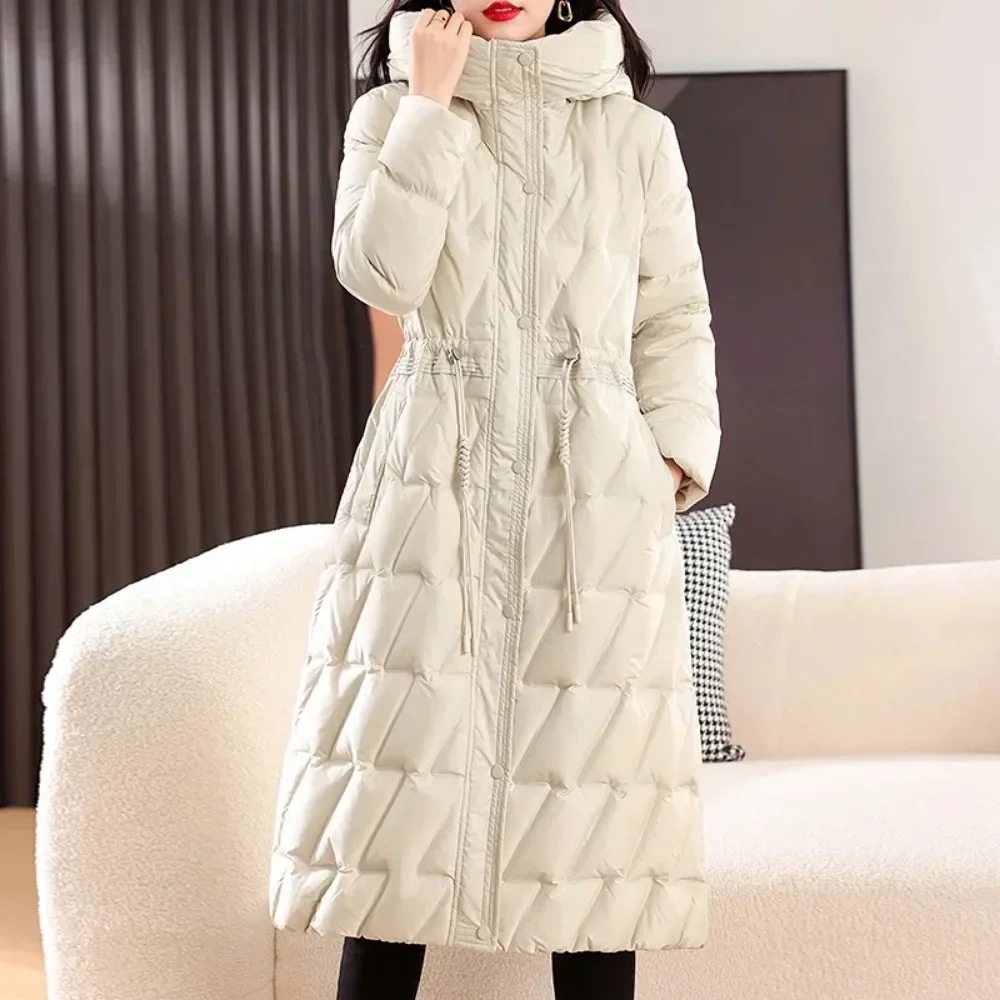 2024 Jacket Women Hooded Parkas Casual Long White Duck Down Jacket Winter Coat Female Drawstring Zipper Outerwears Slim Coats