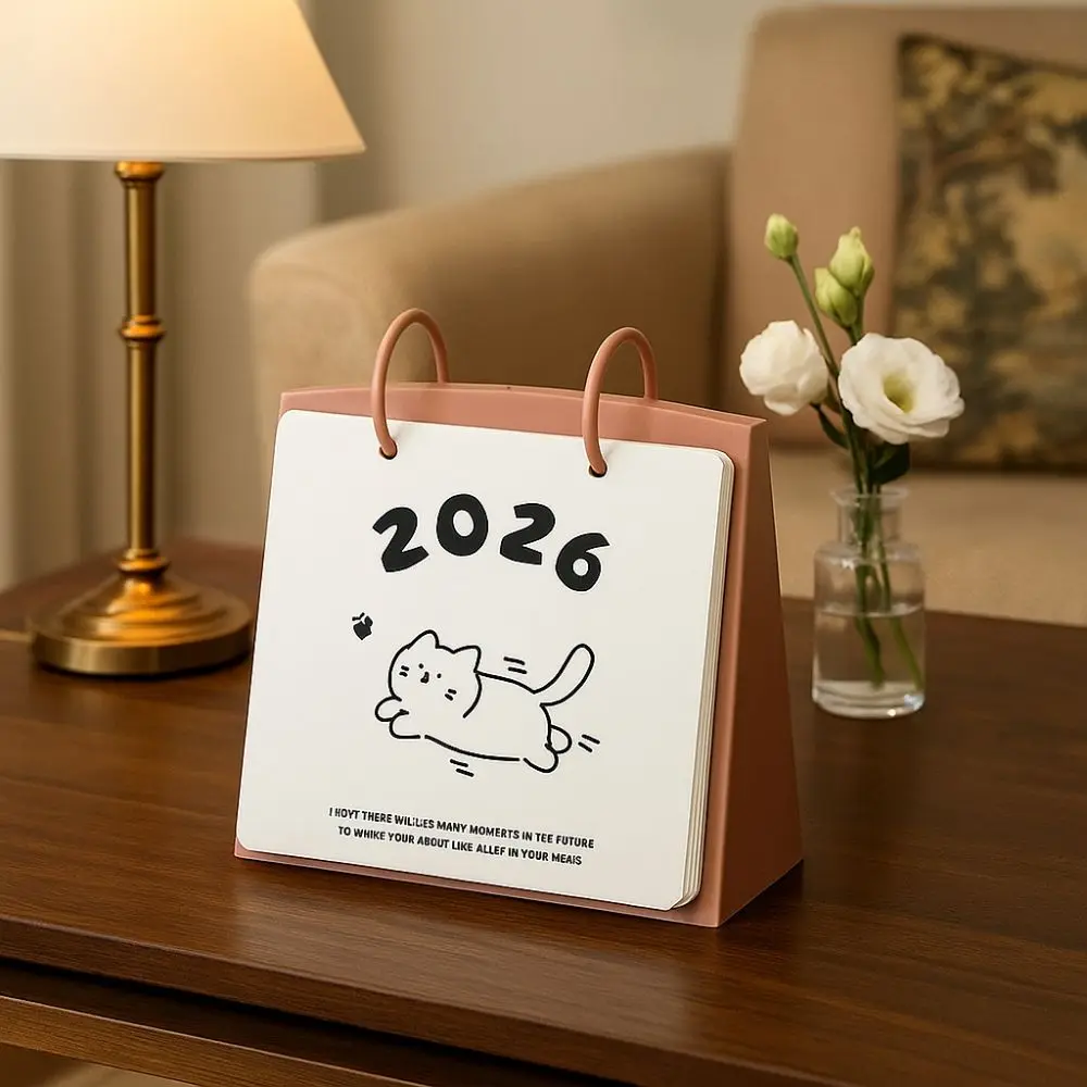 

Plastic 2026 Desktop Calendar Cartoon Cat Pattern Standing Flip Calendar Stable Base Portable Daily Planner Office
