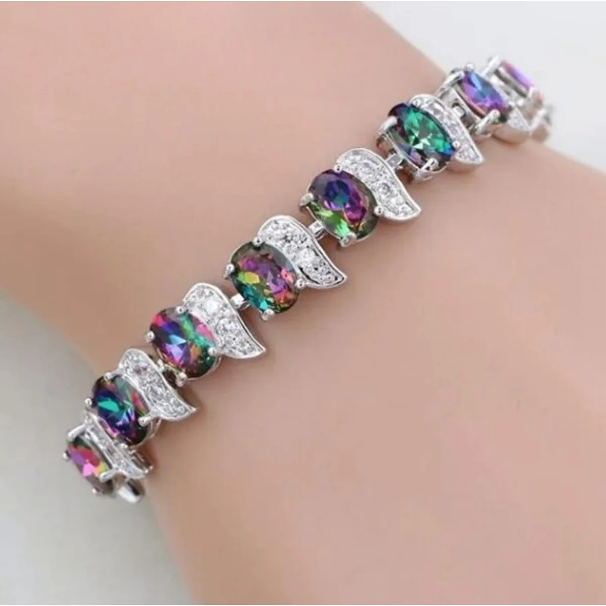 Natural Green Emerald White Topaz Silver Bracelet Women Jewelry Fashion Accessories Creative Gift Ideal for Everyday Wear