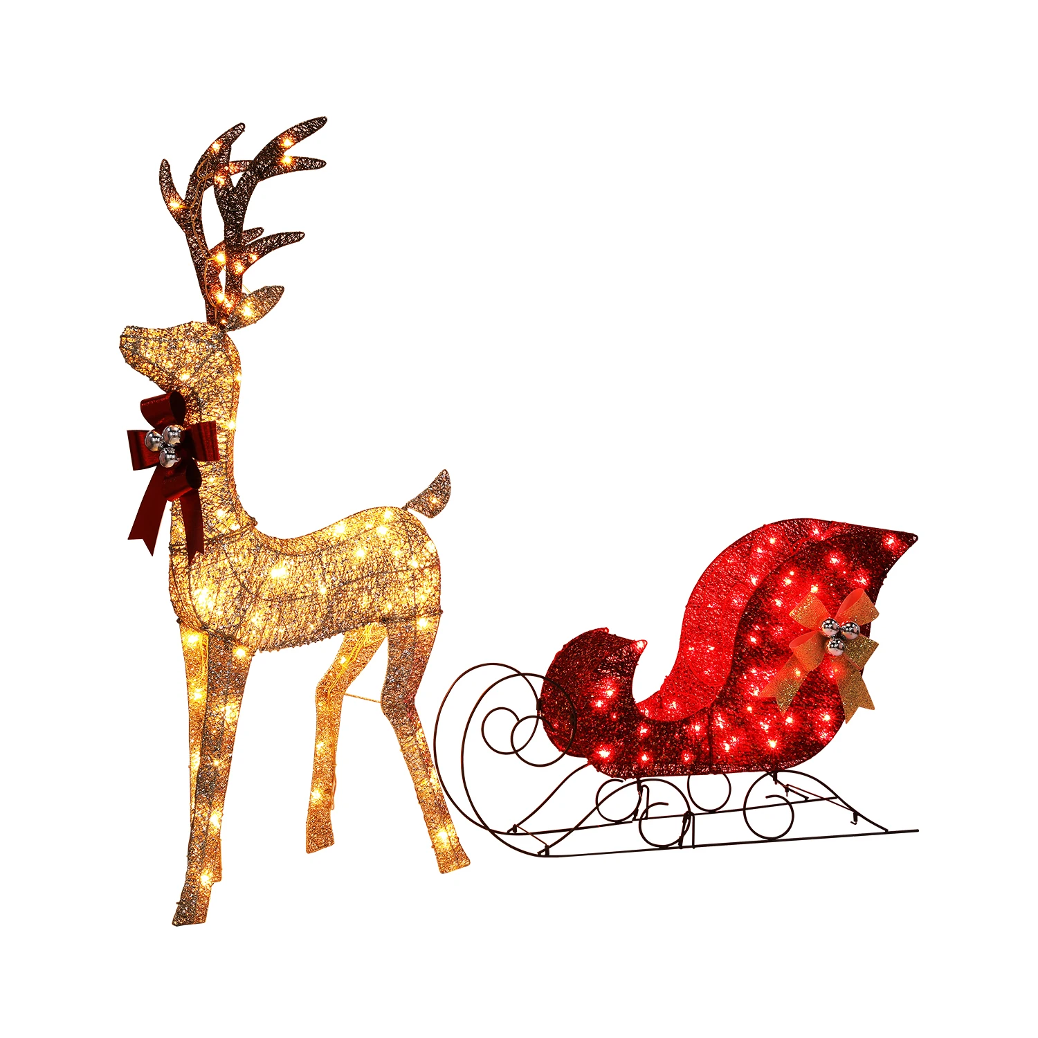 2-Piece Large Warm Lighted Christmas Reindeer & Sleigh Pre-lit for Indoor Outdoor Front Yard Porch Holiday Decoration Deer Set