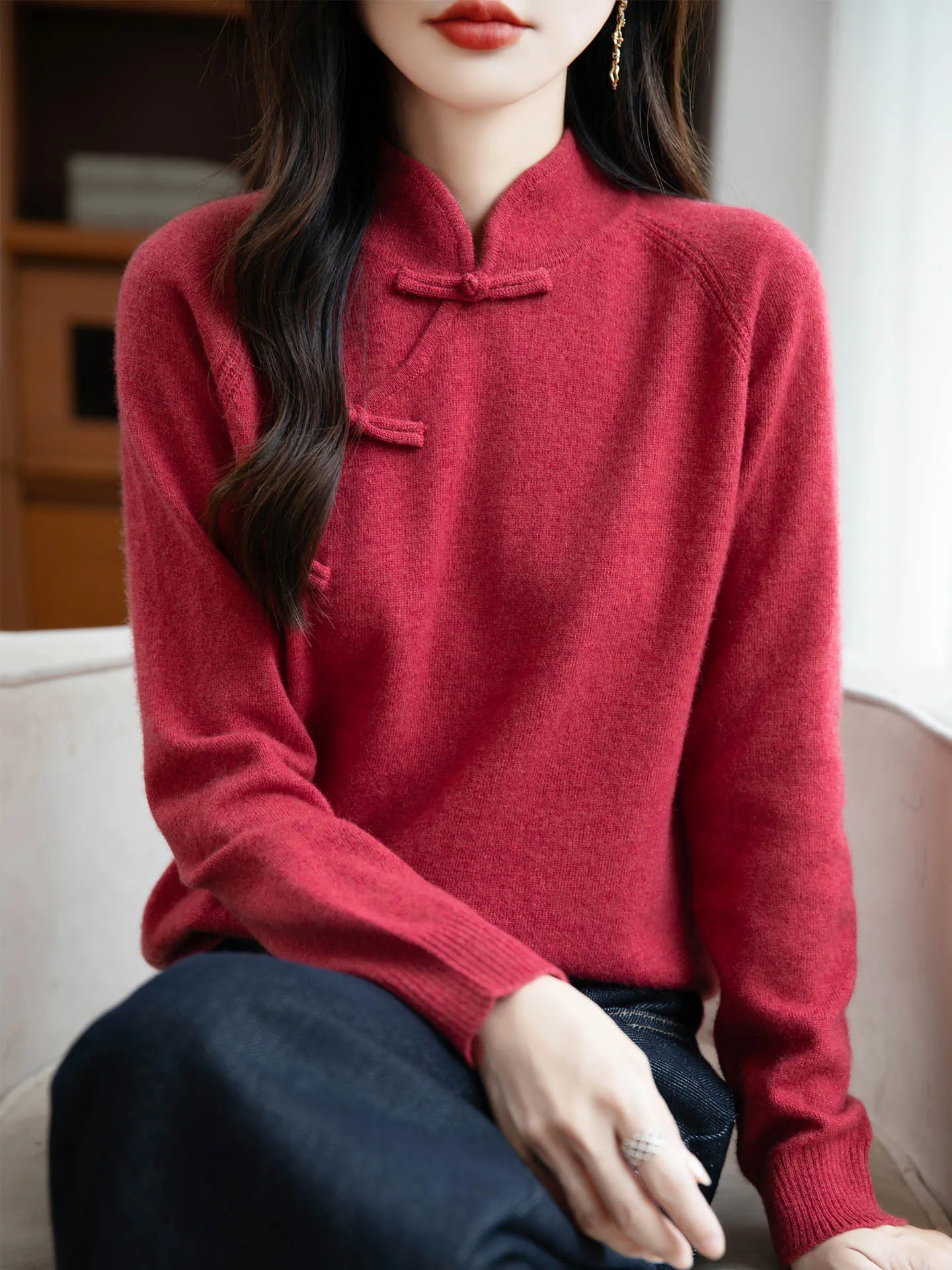 المرأة الجديدة 100% ميرينو رداء علوي من الصوف النمط الصيني متماسكة البلوز عالية طوق الخريف الشتاء الكشمير ملابس مريحة