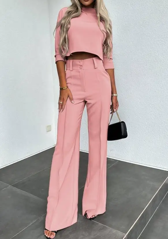 

Women's elegant style stand up collar half sleeved 2024 exposed navel top and pocket design ribbed work pants two-piece set