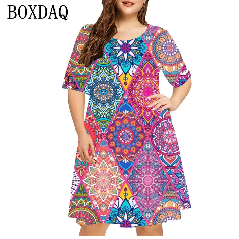 Colorful Flower Women Dress Paisley 3D Print Loose Plus Size Dress Summer Vintage Ethnic Style Short Sleeve Sundress Casual 9XL