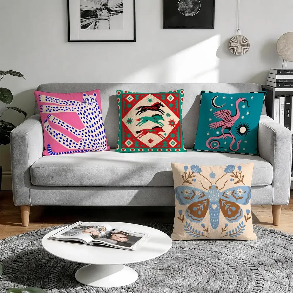 Eclectic Animal Print Cushion Cover Natural Breathable Durable Linen Printed Decor Pillow Case Sofa Bedroom