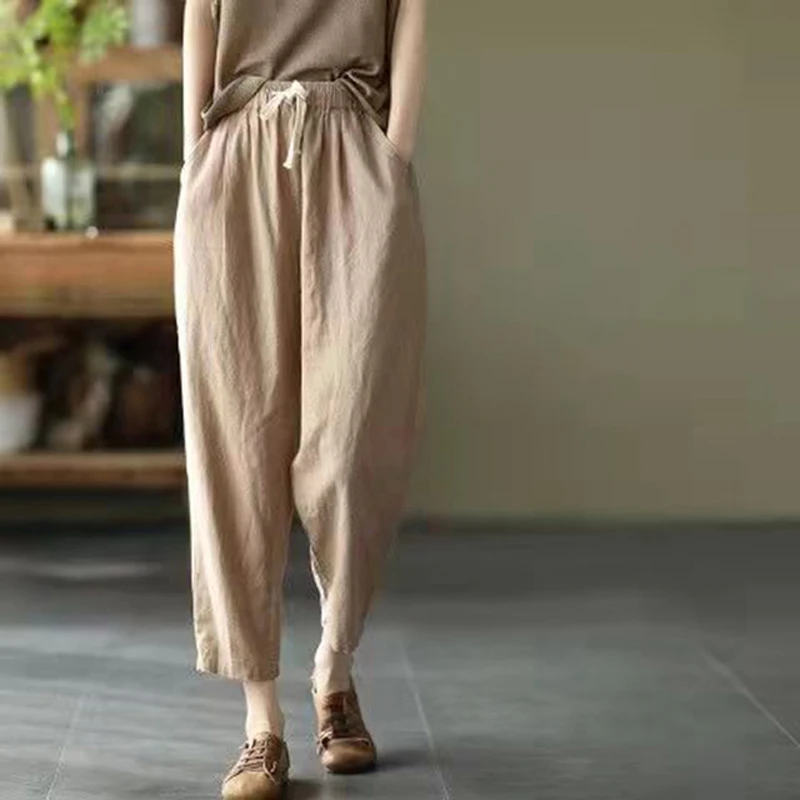 

Fashion Cotton Linen Harem Pants Women Summer Loose High Waist Elastic Ankle-length Pants Retro Pockets Solid Lady Casual Pants