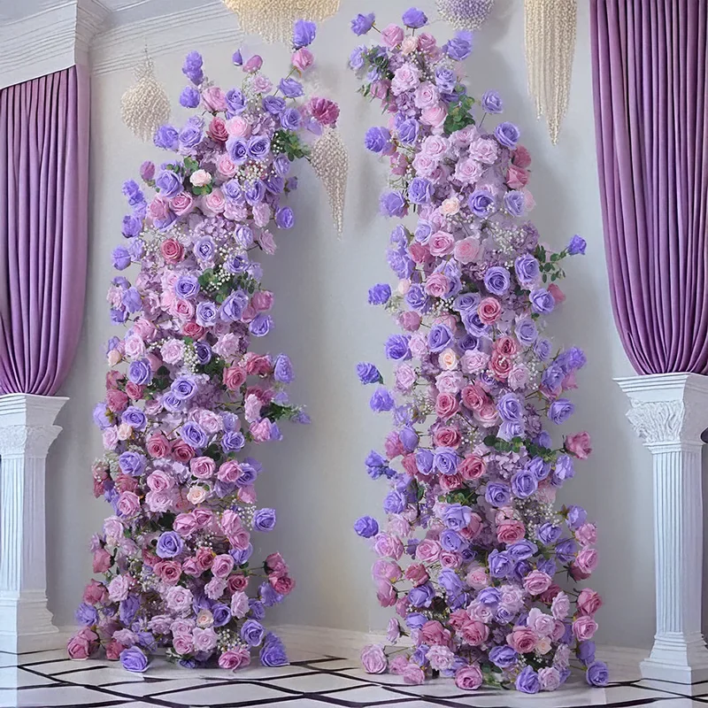 

Фиолетовая искусственная арка из роз и фиалок длиной 2,3 м для декора сцены на свадьбу или мероприятие