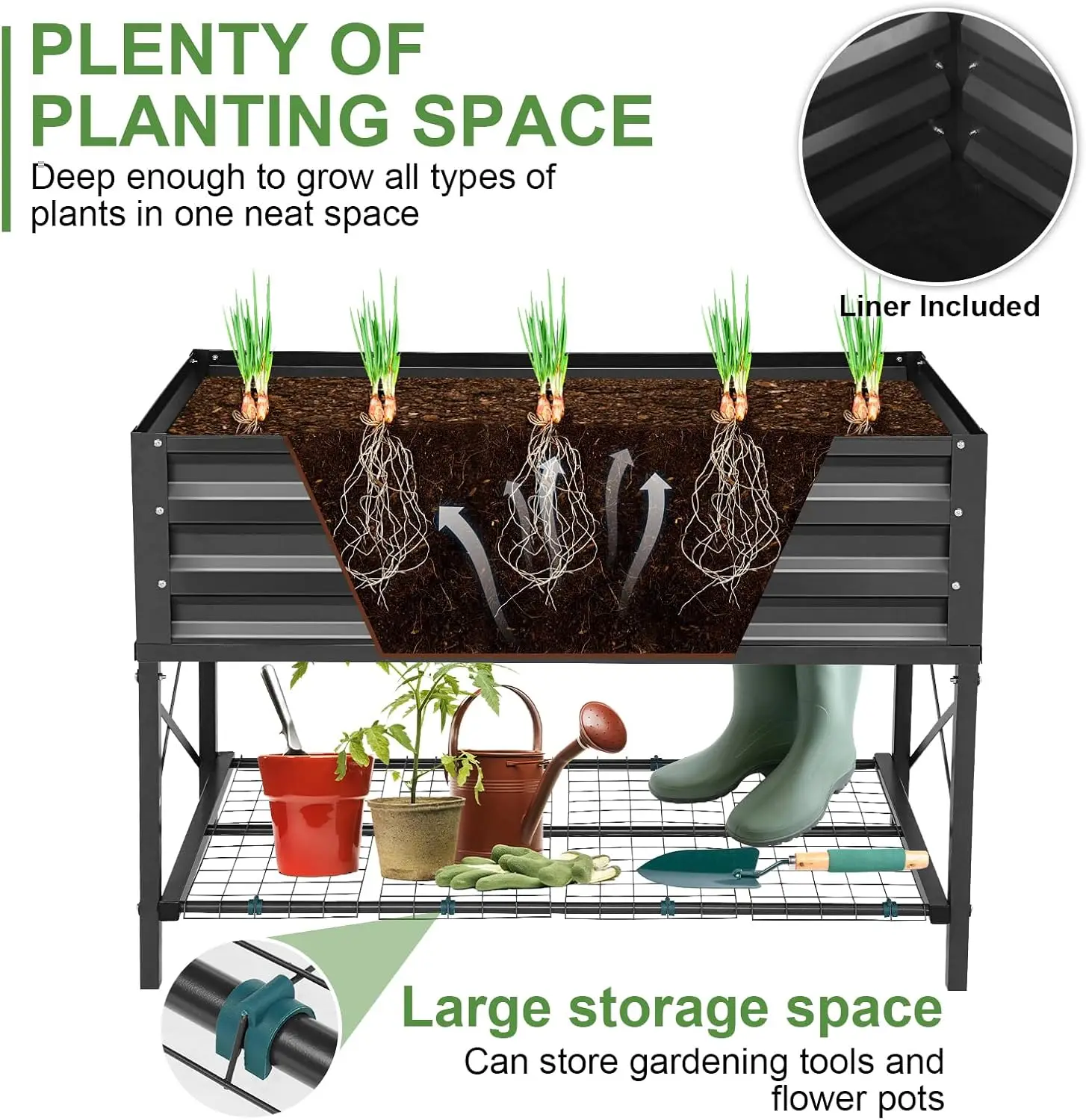 収納棚と保護ライナー付きの高床式プランターボックス