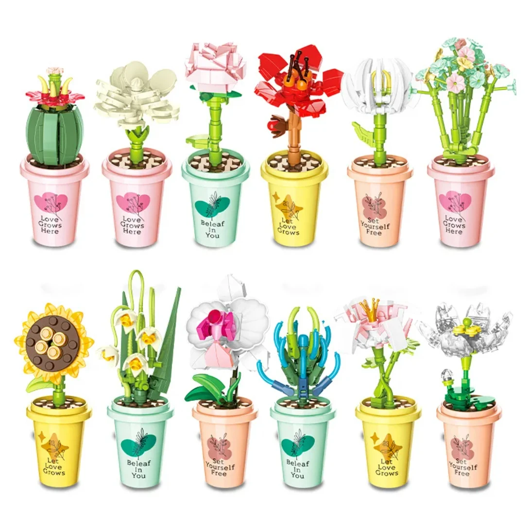 DIY MOC Potted Plants Vase Cup Succulents Cactus Gypsophila Mountain Lotus Decorate Building Blocks Model Bricks Sets Kits Toys