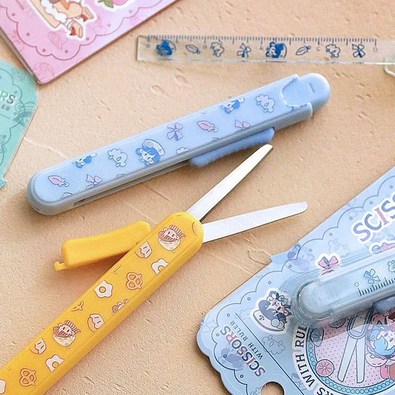 Fromthenon Cute Portable Foldable Student Handmade Cutting Ruler 2-in-1 Art Making Paper Scissors Tool Supplies