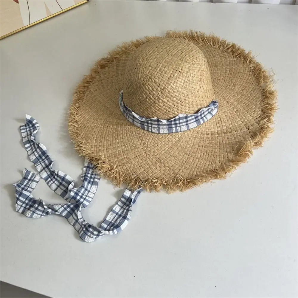 

Elegant UV Protection Lafite Straw Hat Ribbon Blue Plaid Weave Straw Cap Lace-up Sun Hat Beach Hat Vacation