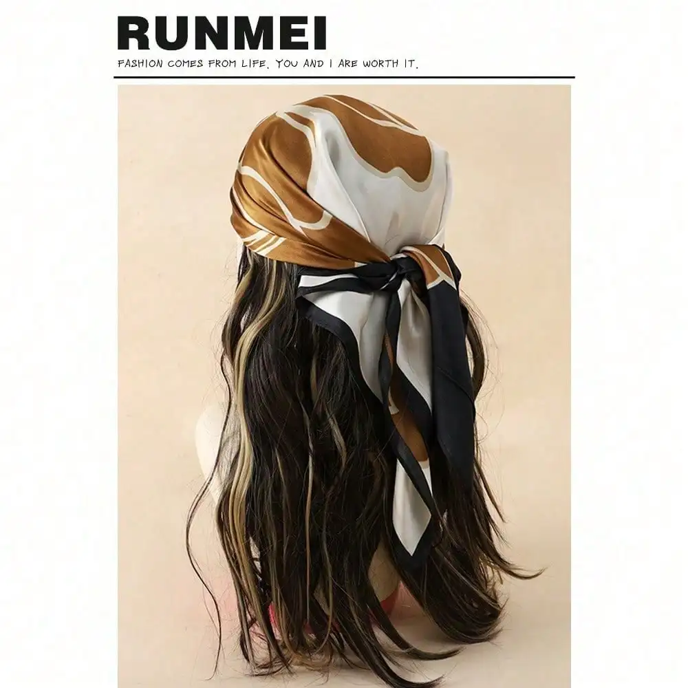 

1pc Ladies Beach Accessories Fashionable Multifunctional Bandana With Brown Flowers, Twill Silk Scarf For Sun Protection,