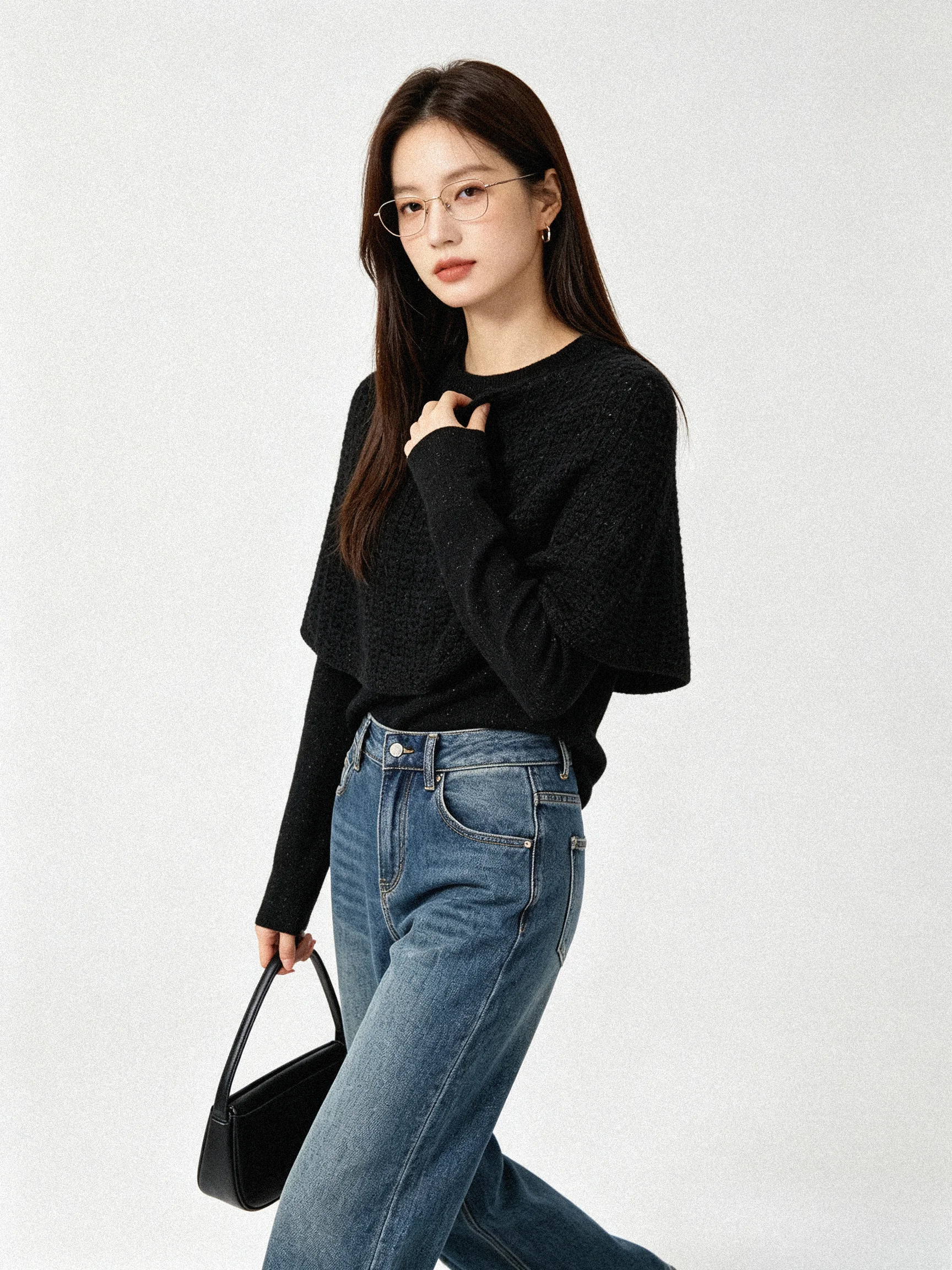Women's Loose Long Sleeve Knitted Sweater Set Shoulder Shawl Mixed Fabric Autumn Early Color Dot Design Casual Fashion