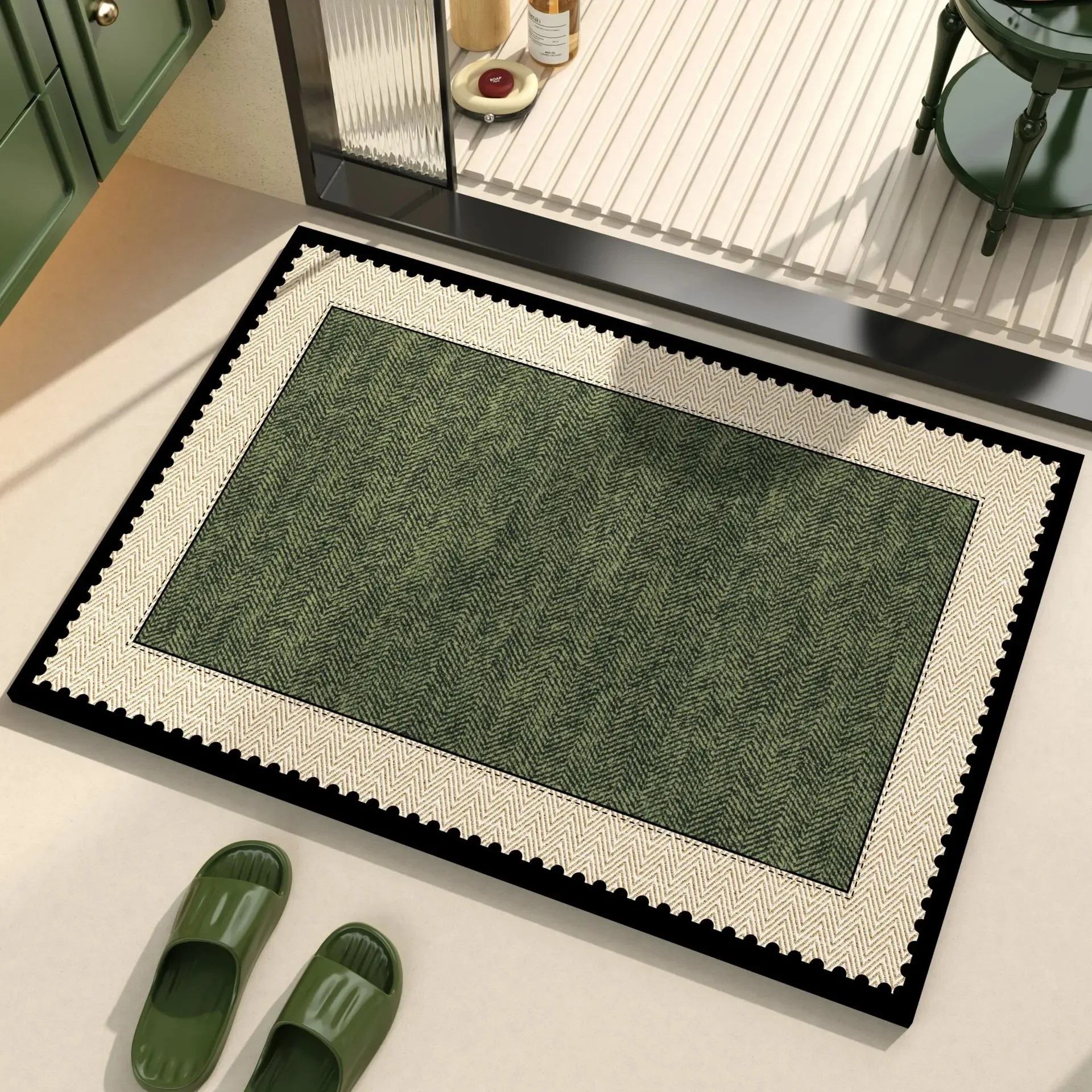 Dark Green Herringbone Scalloped Trim Doormat, Luxury Layered Front Door Rug for Minimalist Home Entry Decor