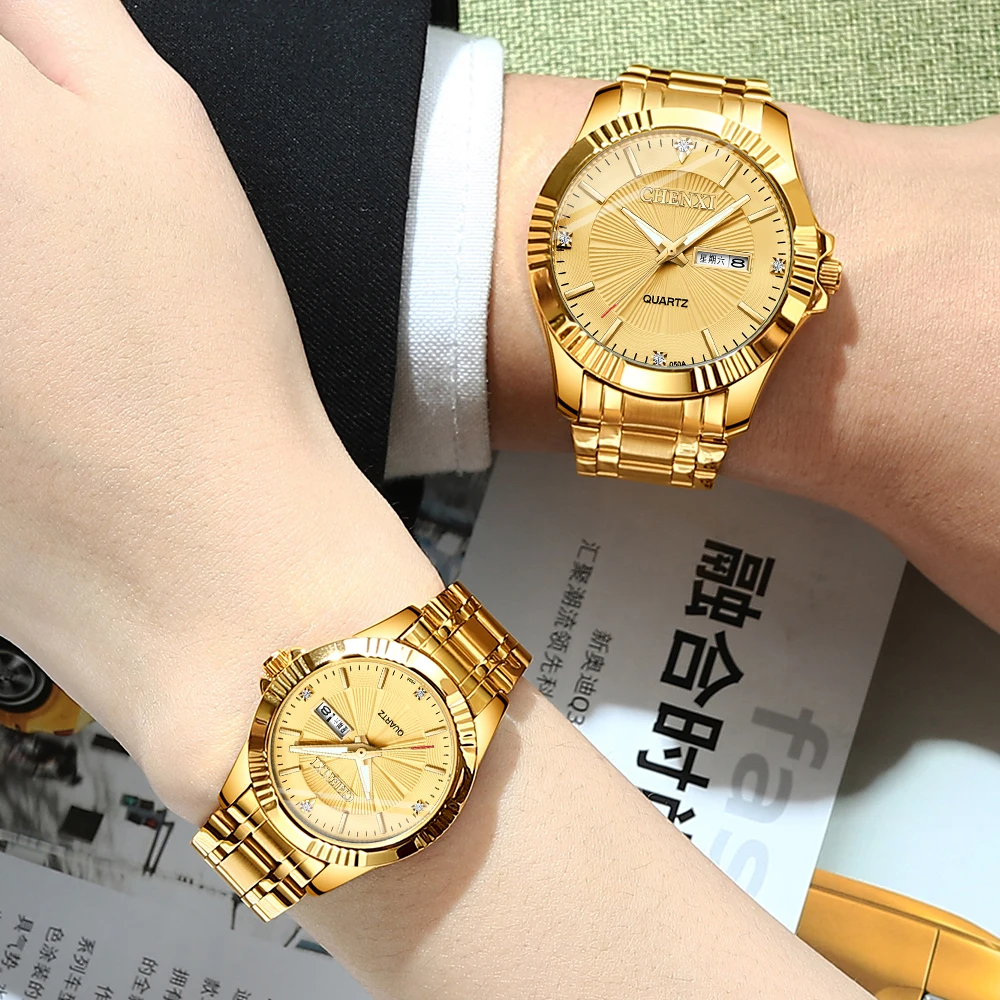 CHENXI Mens Womens Watches Classic Stainless Steel Quartz Watch  Fashion Luxury Golden Men Waterproof Business Wristwatch