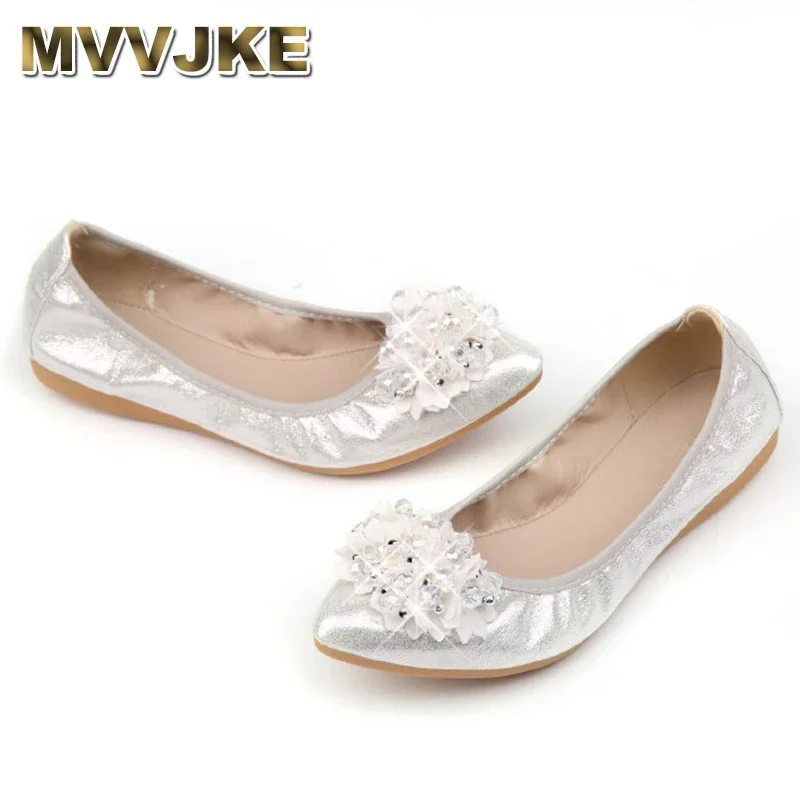 MVVJKE New Spring Women Folding Flats  Handmade Flower Rhinestone Pointed Toe Solid Soft Ballet Flats Shoes E099