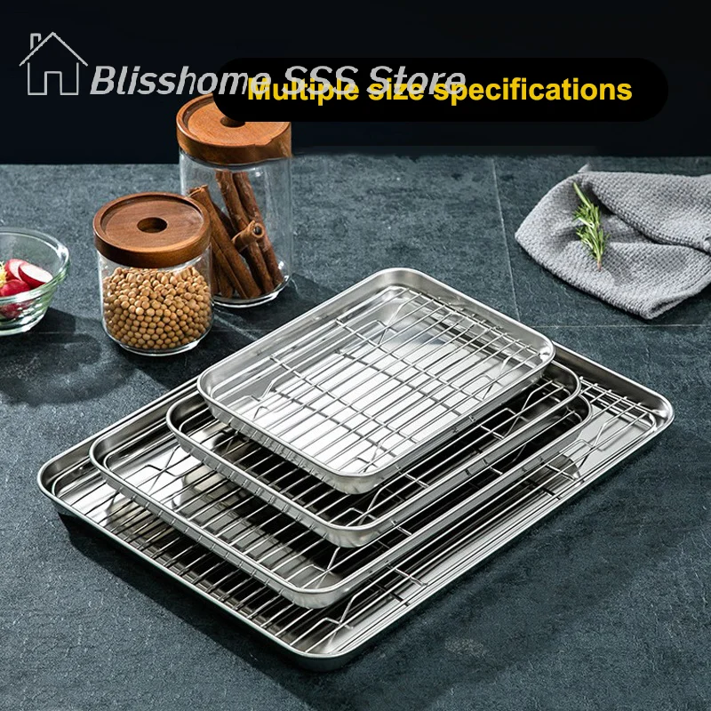 【S】Stainless Steel Baking Tray With Removable Cooling Rack Set Non-stick BBQ Pan Tray Plate Oven Brownie Rack Cooking
