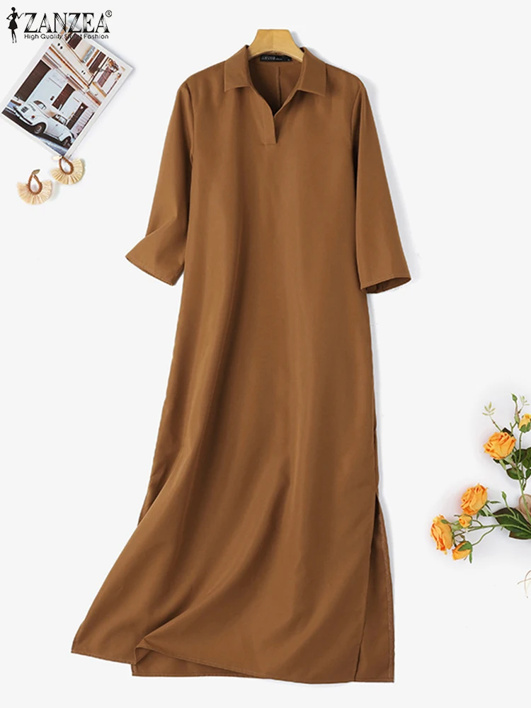 ZANZEA Autumn Long Sleeve Dress Women Vintage Maxi Dresses Fashion Loose Work Holiday Sundress Oversize Casual Solid Shirtdress