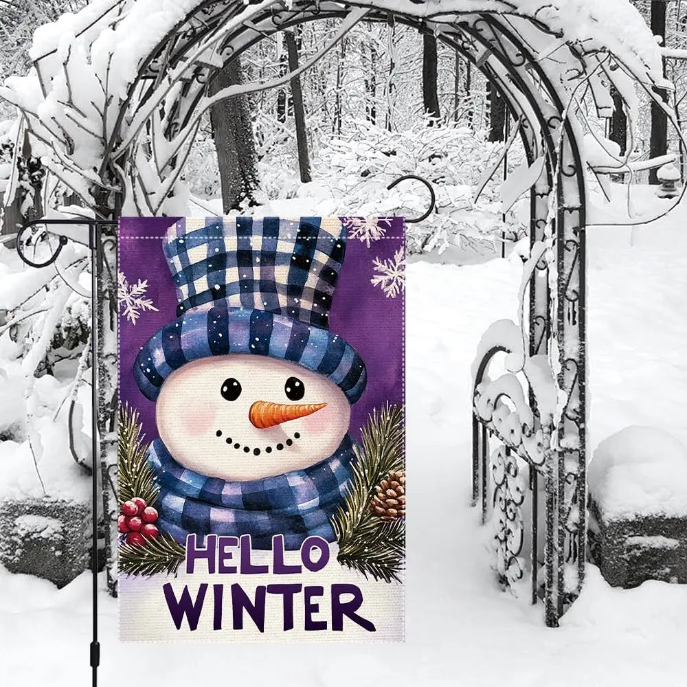 Winter Garden Flag 12x18 Inch Double Sided Small Burlap Outdoor Seasonal Decoration Cute Snowman Design with Plaid Hat and S LLG