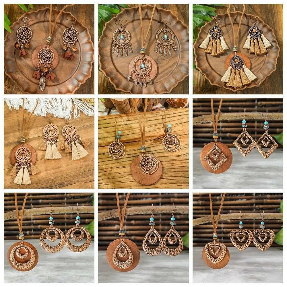 Alloy Geometric Jewelry Set Vintage Distressed Finish Wood Earrings Set Geometric Shape Retro Style Women Pendant Party Wear