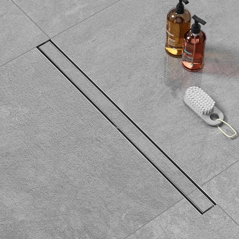 استنزاف دش خطي مقاس 24 بوصة مع غطاء شبكي لإدخال البلاط، استنزاف خطي من الفولاذ المقاوم للصدأ المصقول للحمامات الحديثة