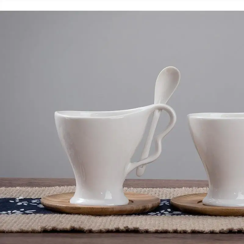 White Ceramic Cup Wooden Saucer Spoon Coffee 2-piece Set Couple Mug Cups Pair of Home Drinkware Teacup Milk