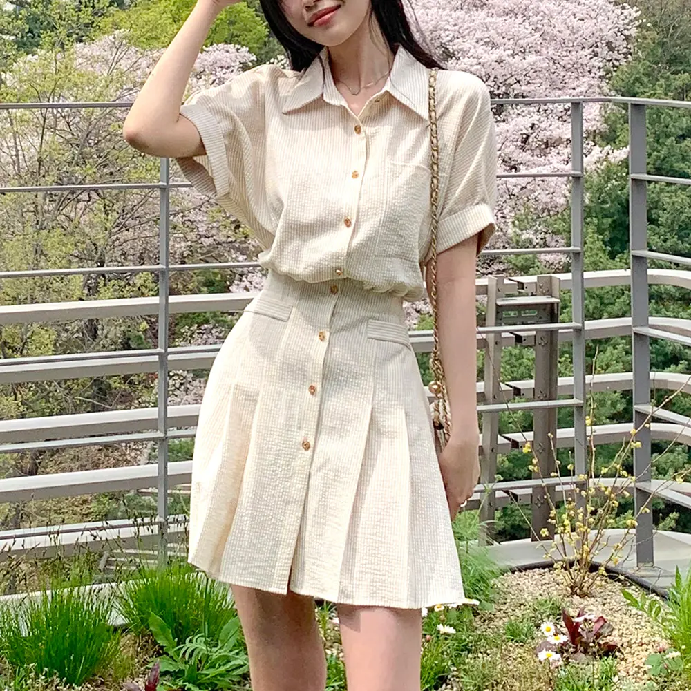 

Striped Shirts Dress For Women 2024 Summer Short Sleeve Turn-down Waisted Pleated Dresses Female Korean Fashion Vestidos 5911