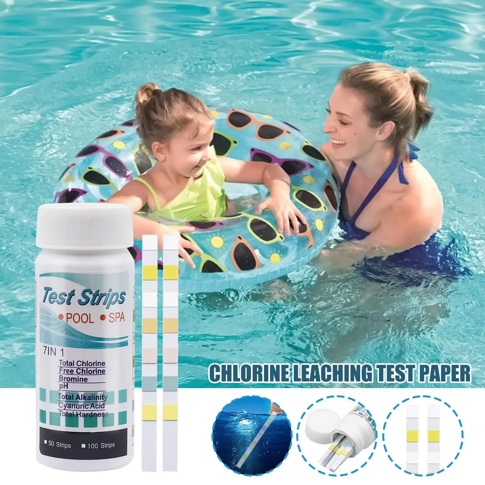 100 Stück 7-in-1-Chlor-/PH-/Alkalitätsteststreifen, präzises Mehrzweck-Wassertesterpapier für Schwimmbad, Spa, Aquarium, Whirlpool