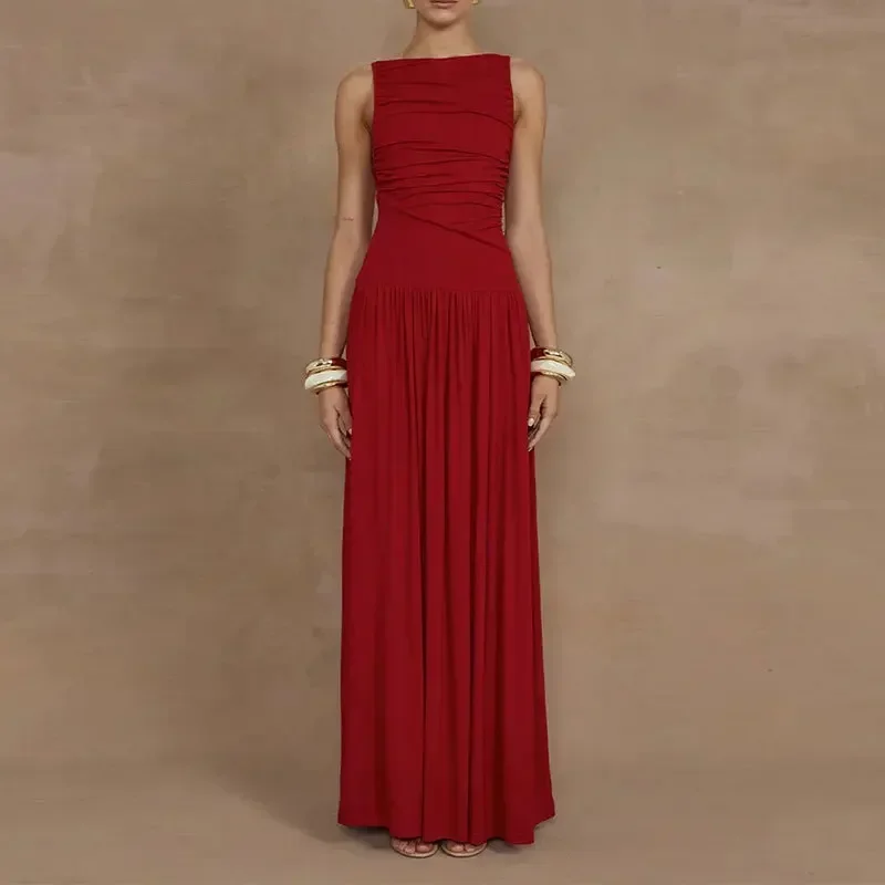 2025 ฤดูใบไม้ผลิใหม่ Cross-Border ยุโรปอเมริกันชุดสตรี Elegant Slimming สีทึบเอวชุดไม่มีแขน