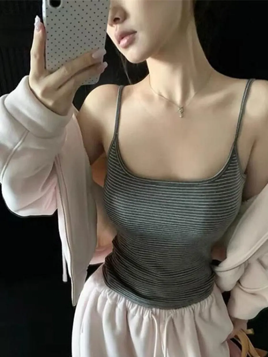 Spring Summer Cartoon Acetate Lyocell Stripe  Strap Vest Women Inner Match Beautiful Back Bra Integrated Chest Pad Top