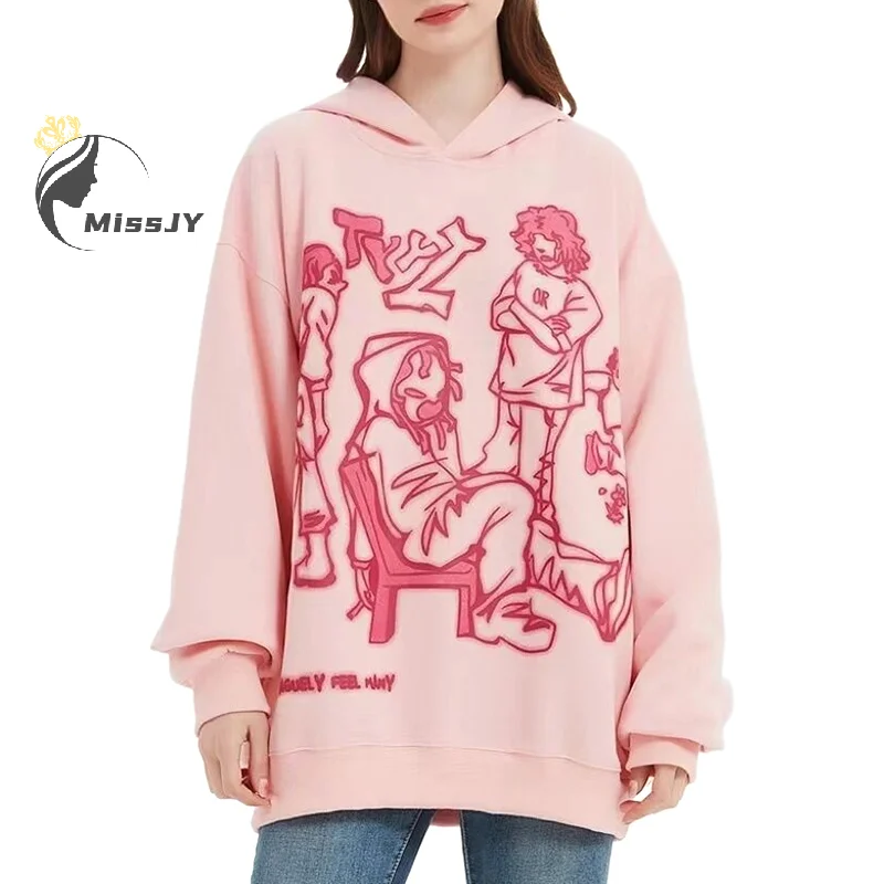 2024 Y2K Streetwear Pink Hoodie Sweatshirt Funny Graffiti Cartoon Print Loose Harajuku Anime Hooded Pullover Hip Hop Hipster