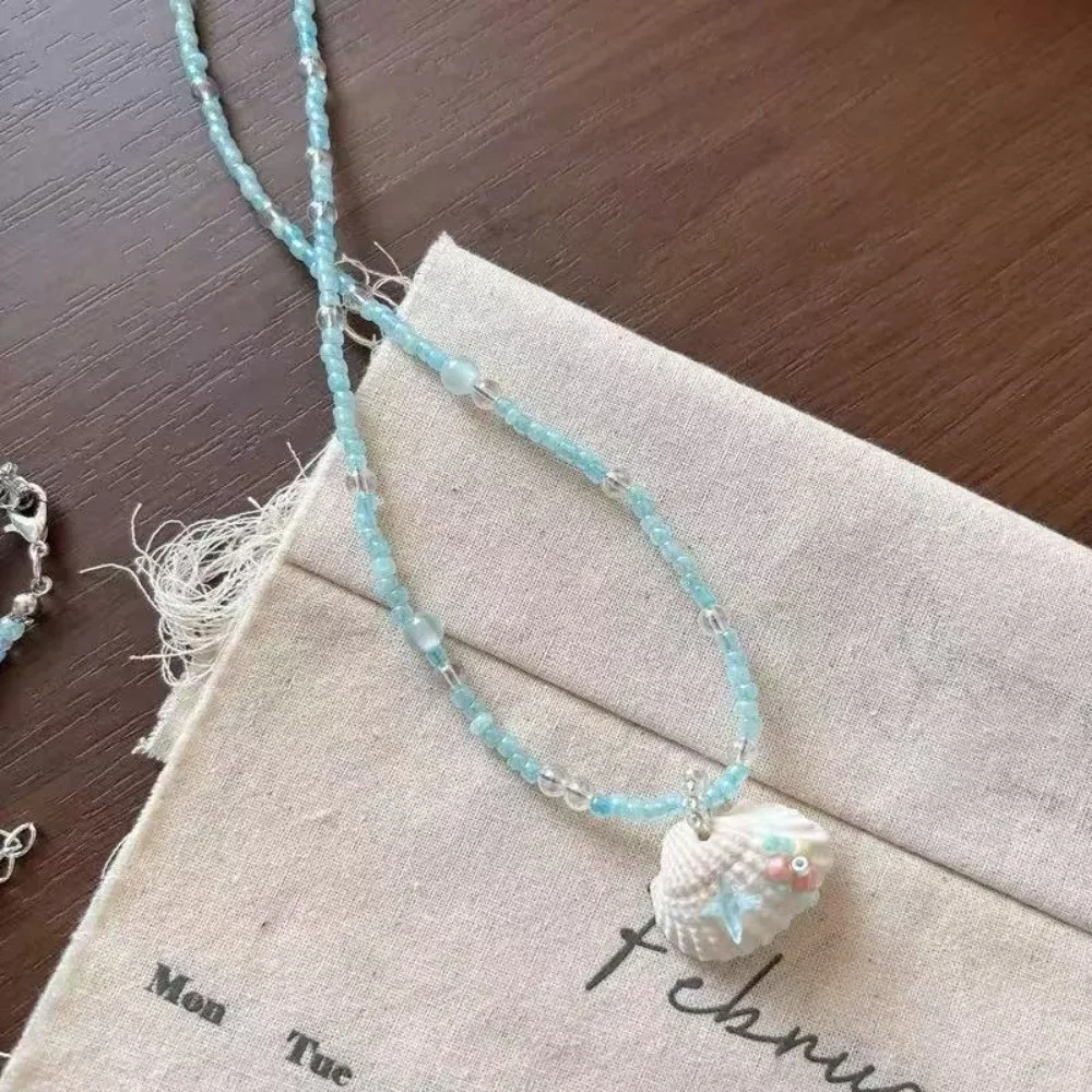 Blue Beaded Shell Necklace Lightweight Starfish Shell Beaded Necklace Non Slip Adjustable Ocean Resort Necklace Beach Vacation