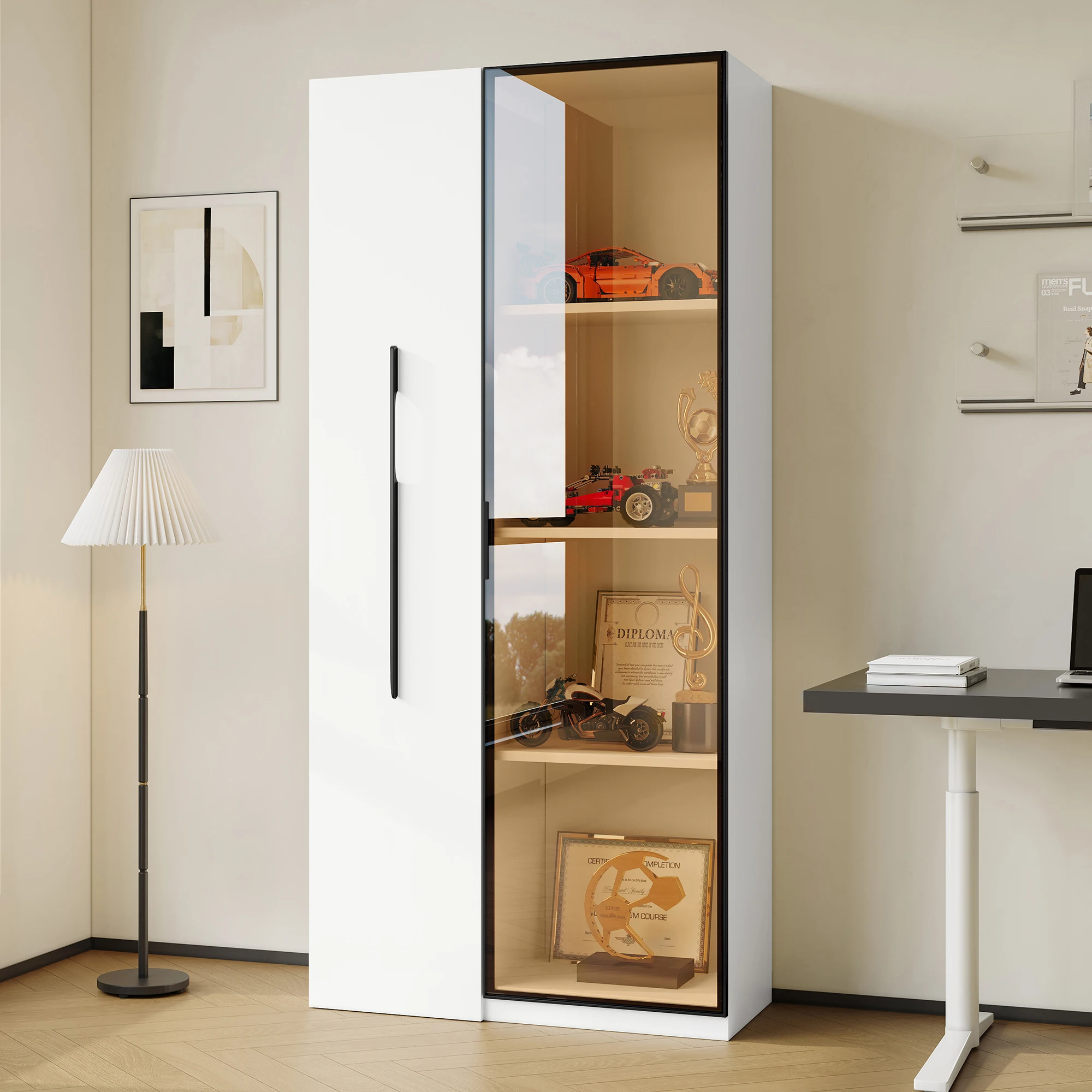 Multifunctional 160cm cabinet with tempered glass doors, aluminum frame, drawer, wheels, and LED lights.