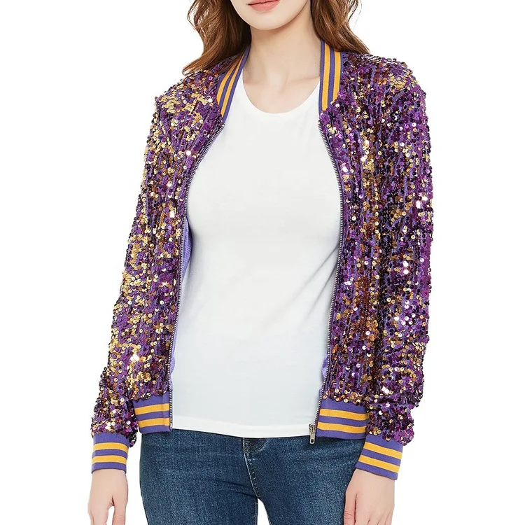 2022 Women Bomber Gradient Color Sequins Baseball Jacket Beaded Embroidered Sequined Zipper Pilot Coat Stage Show Dance Outwear