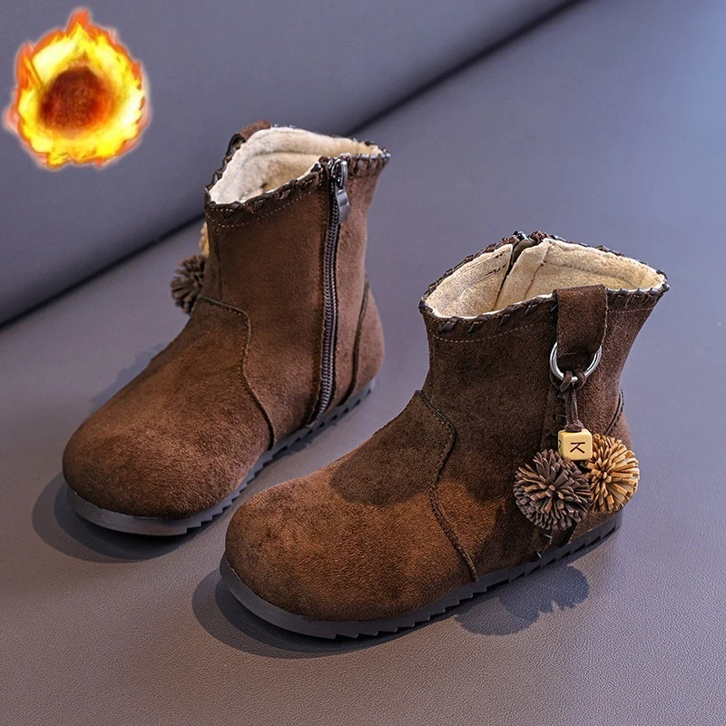 

Детские полусапожки, замшевые теплые детские кожаные ботинки в британском стиле с боковой молнией, осень-зима 202, нескользящие ботильоны для девочек