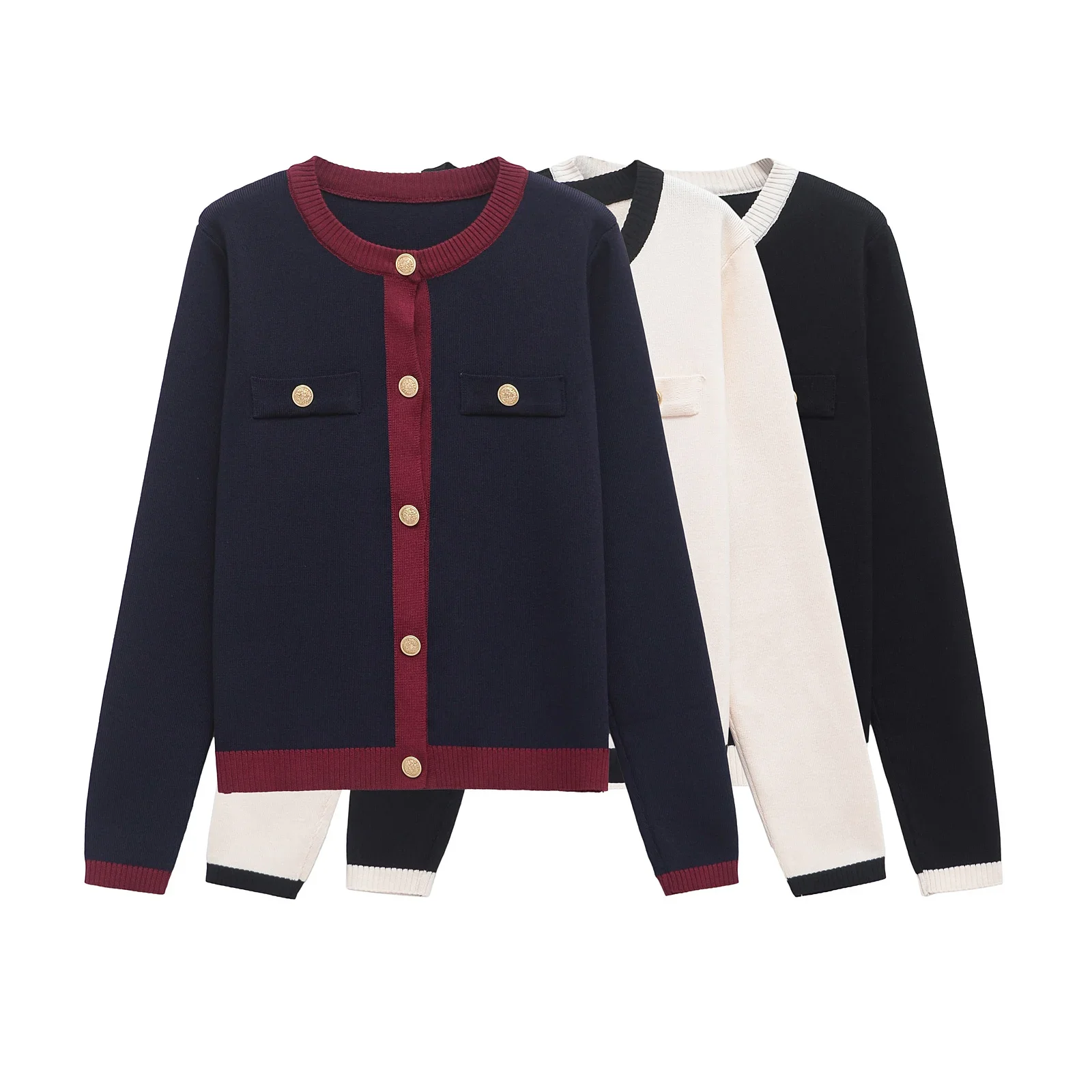 

Women Spring Knitted cardigan Women Gold breasted Black and White Round Neck Knitted Cardigan Sweater Coat Women Clothes