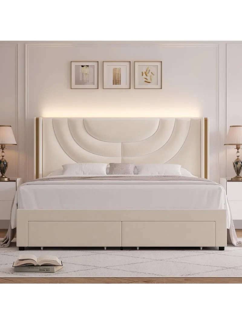 Marco de cama LED tapizado Queen con 2 cajones de almacenamiento, cama de plataforma de terciopelo con cabecero Wingback