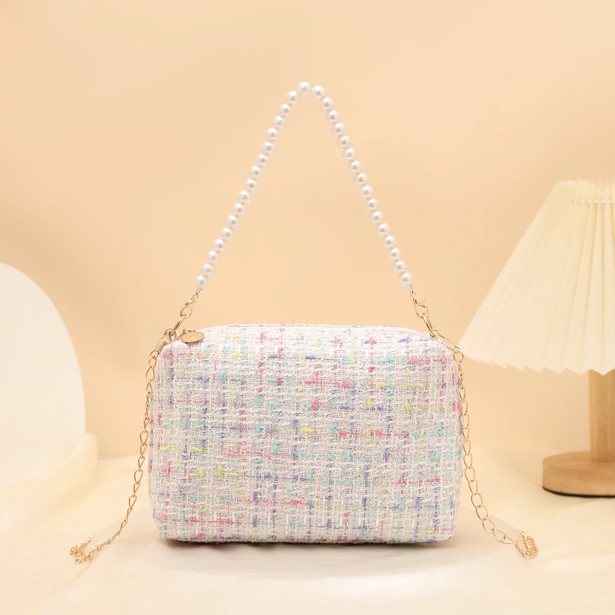 

French Style Elegant Handbag, Pearl Strap Textured Mini Shoulder Bag
