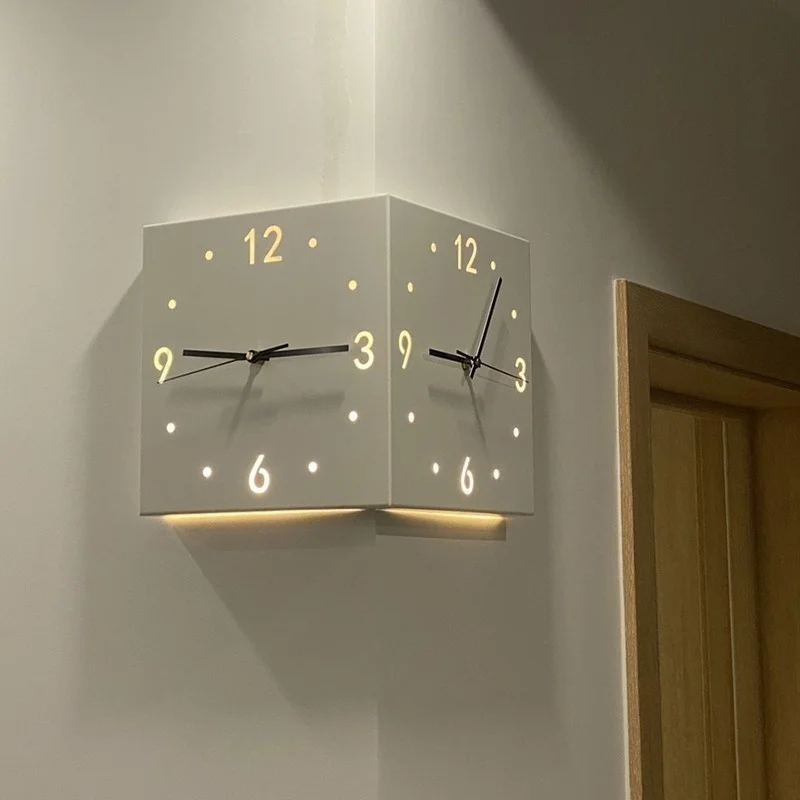 

Ins Style Creative Light Sensor Corner Wall Clock Square Simple Double Sided Wall Clock with Arabic Numeral Scale Analog Silent