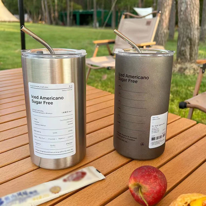 600ml Coffee Cup Stainless Steel Thermal Water Bottle with Straw Ice American Coffee Mug Double-layer Vacuum Flask Cup