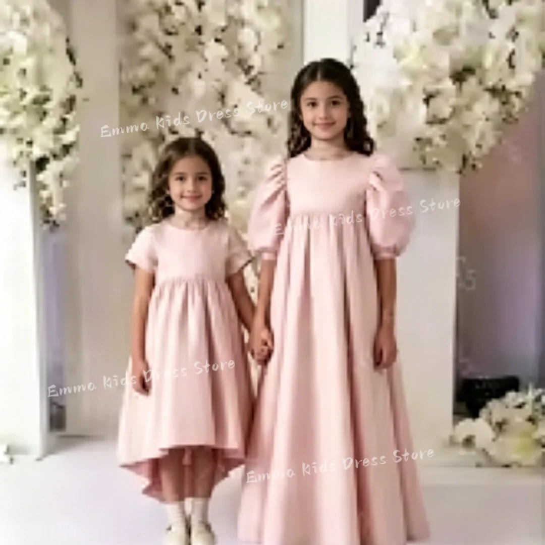 

Custom Elegant A-Line Princess Flower Girl Dress with Bow, Suitable for Children's Wedding Parties, High-Waist Puff Sleeve Commu