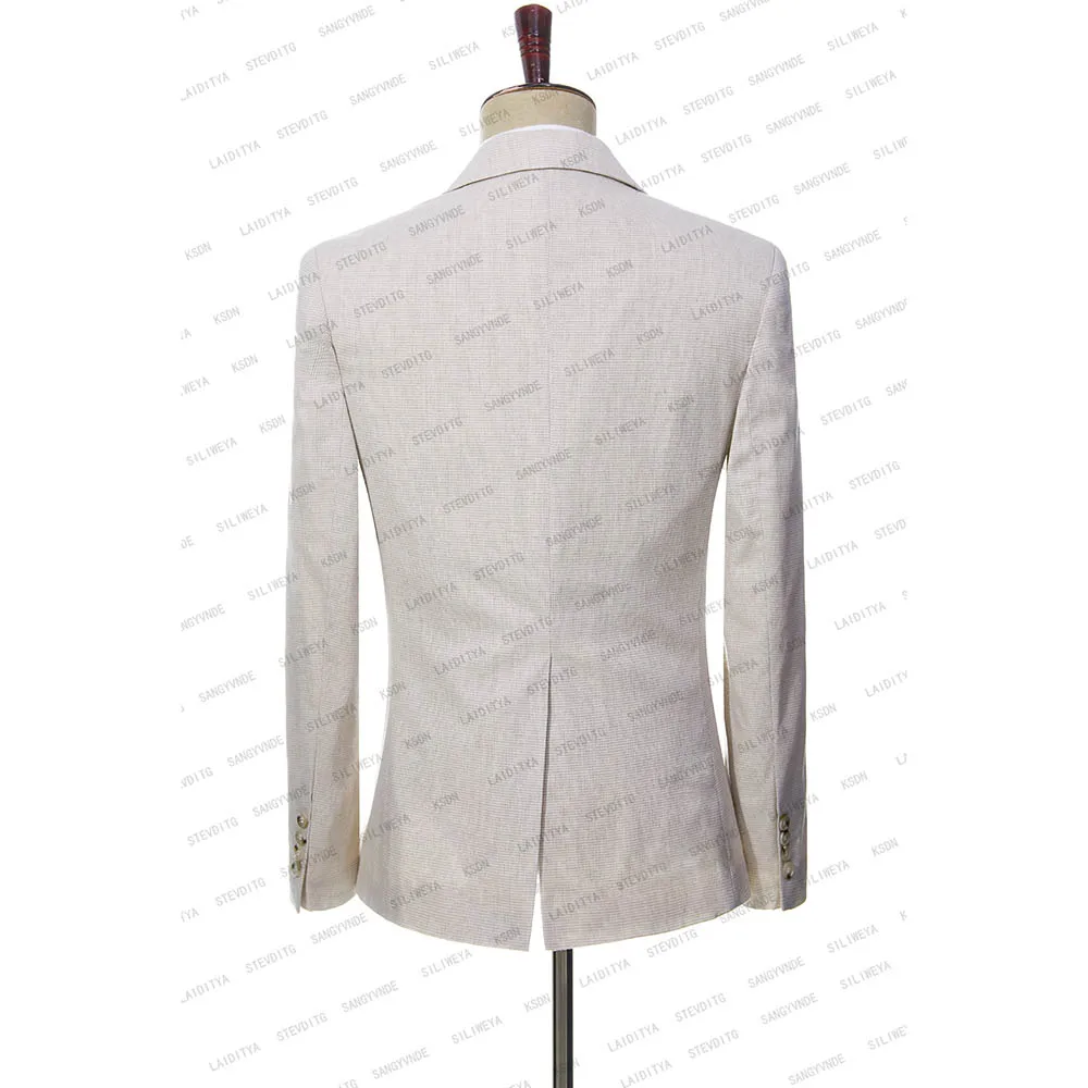 2023 New Men's Suit Jacket Vest Pants High End Popular Pure Khaki Linen Slim Formal Business Wedding Three Piece